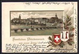 Litho Basel, Alte Rheinbrücke mit Wappe