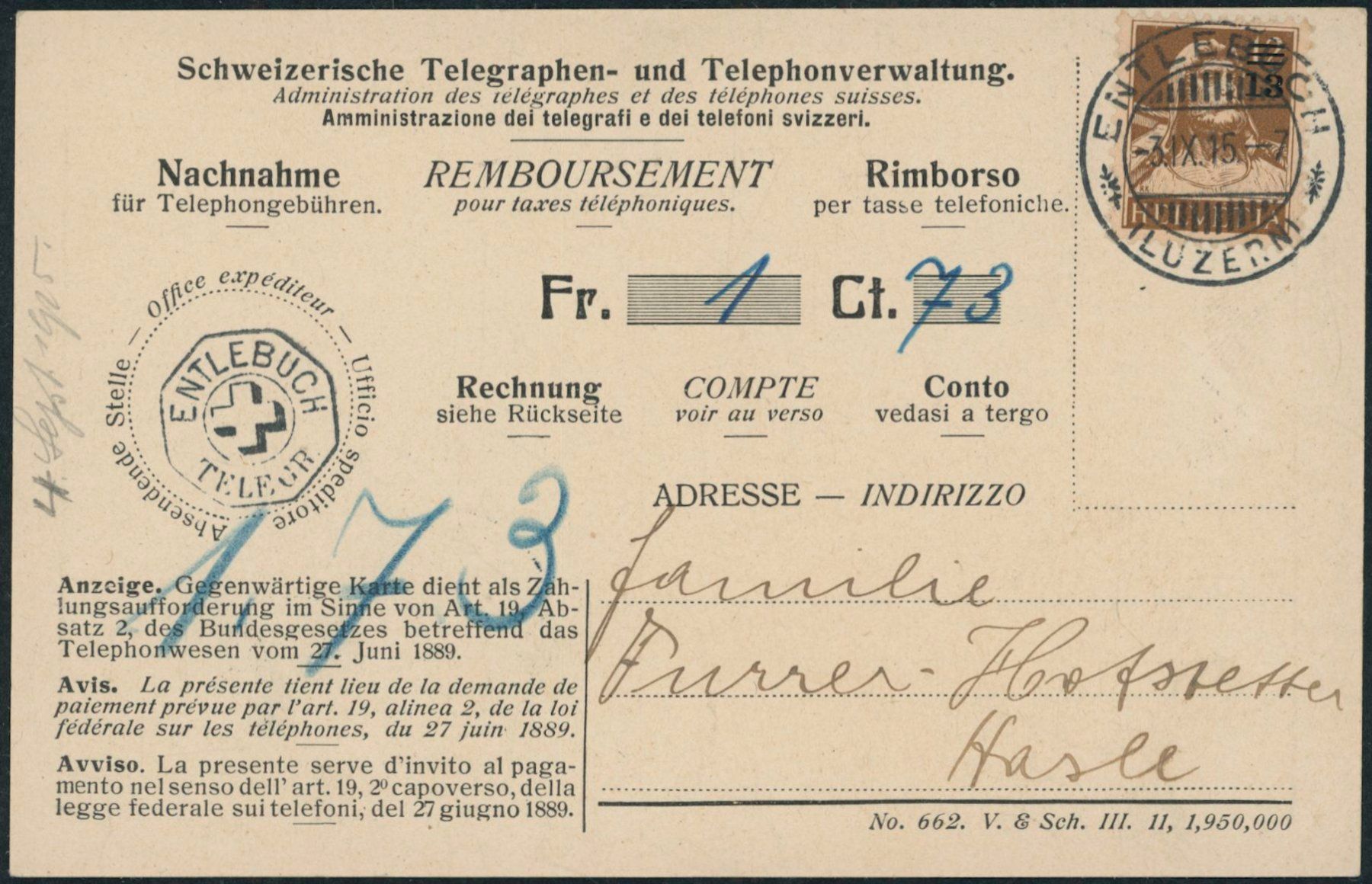 Alle Briefmarken: LU Entlebuch - Telefon - Telegraph - Karte - EF – Gebraucht aus Schindellegi von leecollect