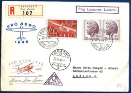 1946 R- Flugpost Pro Aero F41 illustriert Lausanne/Locarno