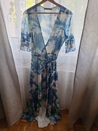 Wickelkleid lang Blumenmuster blau Grösse S neu