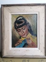 Oelbild Strickendes Mädchen