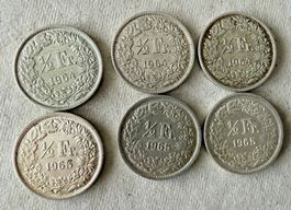 🟡50 Rappen Silber  - 3 Stück 1964 und 3 Stück 1965