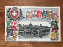 AK ca 1910 Murten Prägekarte Briefmarken    (G1885)