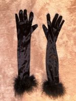 Samt Handschue mit Federn Schwarz, Winter Accessoire!