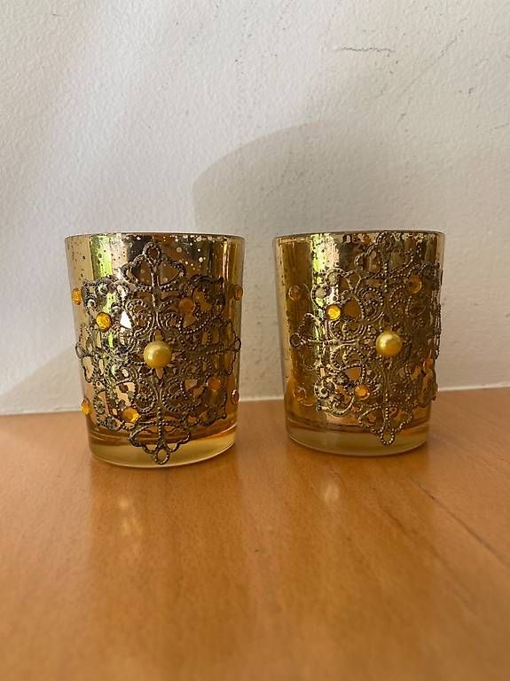 Portacandele: Zwei goldene Teelichter, Glas verziert – Usato da Biel/Bienne venduto da gneist2012