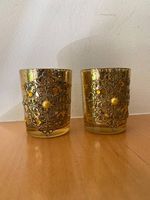 Zwei goldene Teelichter, Glas verziert