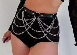 Gothic Bauchkette Leder Gürtel mit Ketten, Y2K Körperschmuck