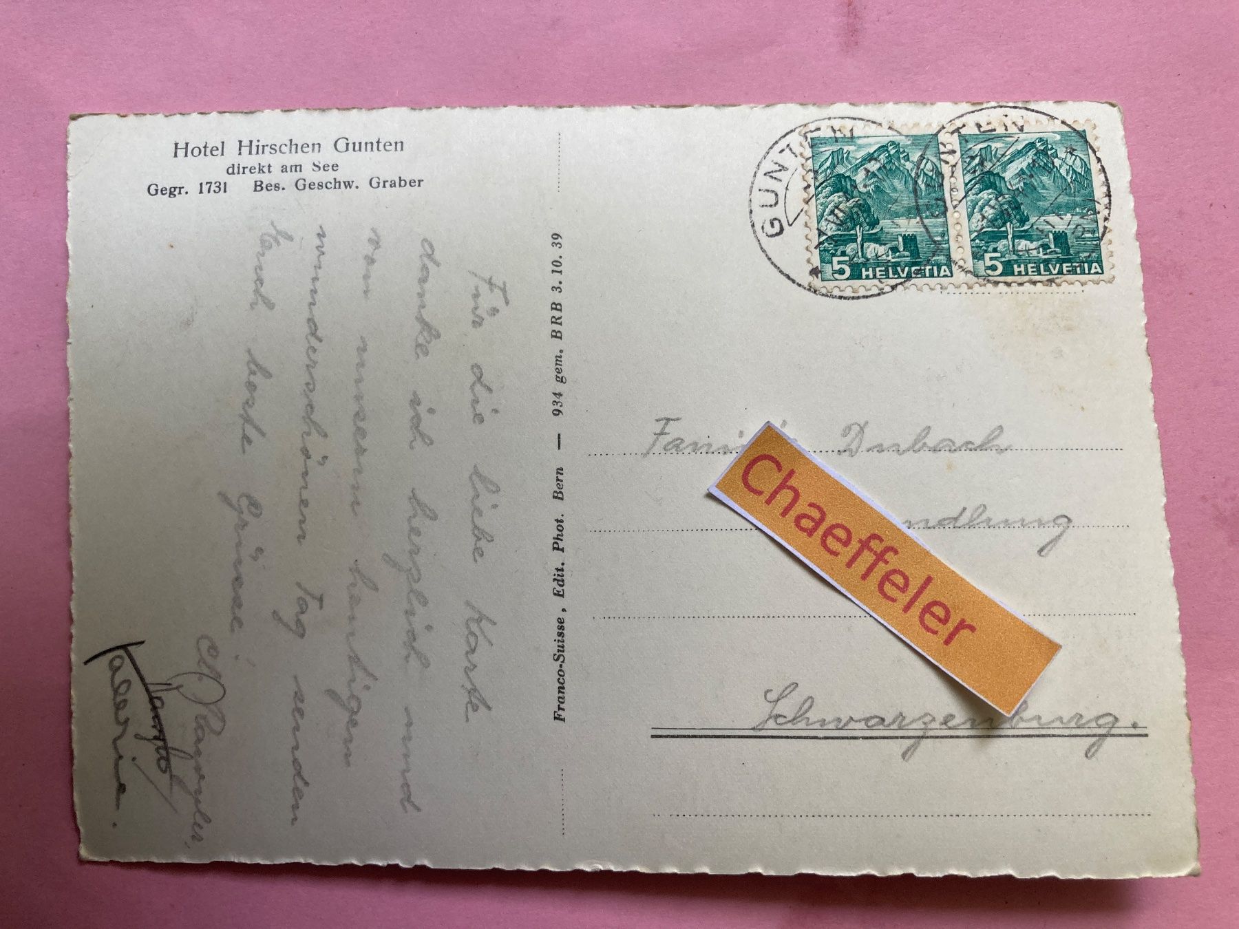 Cartoline postali: 1941 G 9262 Am Thunersee bei Gunten. – Usato da Zürich venduto da Chaeffeler 1