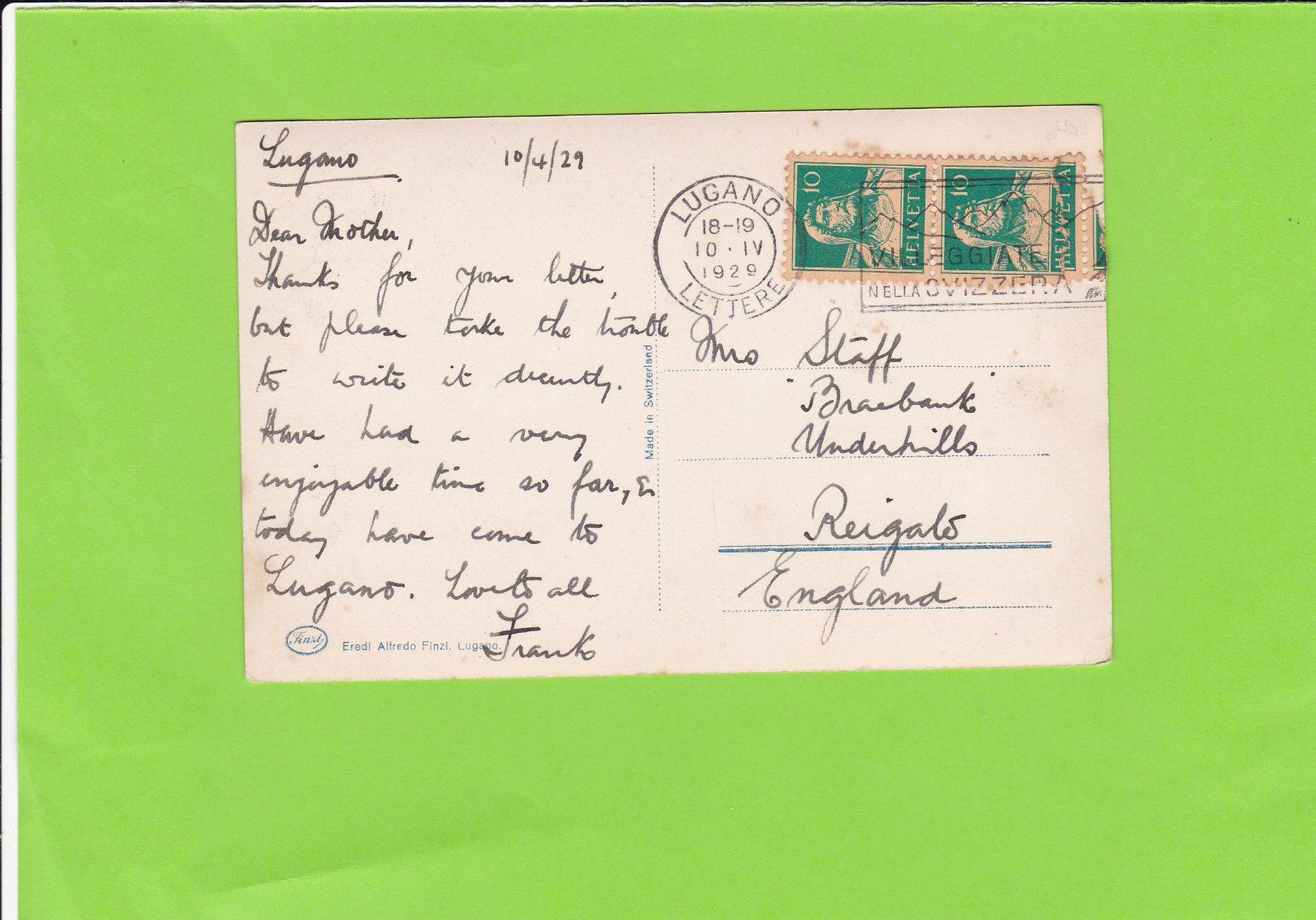 Cartoline postali: Castagnola--1929 versendet – Usato da St. Peterzell venduto da neckertal 1