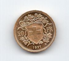 (764) Schweiz, 20 Franken Vreneli, 1897, Prooflike, stgl