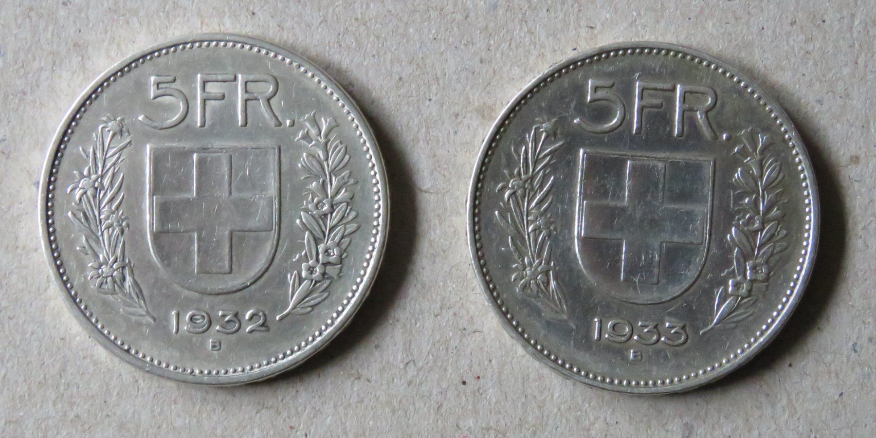 Tutti le monete: 2 x Fr. 5.-  1932 und 1933  Silber – Usato da Kreuzlingen venduto da Koi4