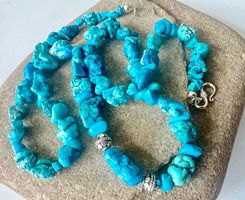 Boho Türkis Nugget Collier Silber 925 56cm Meeresblau