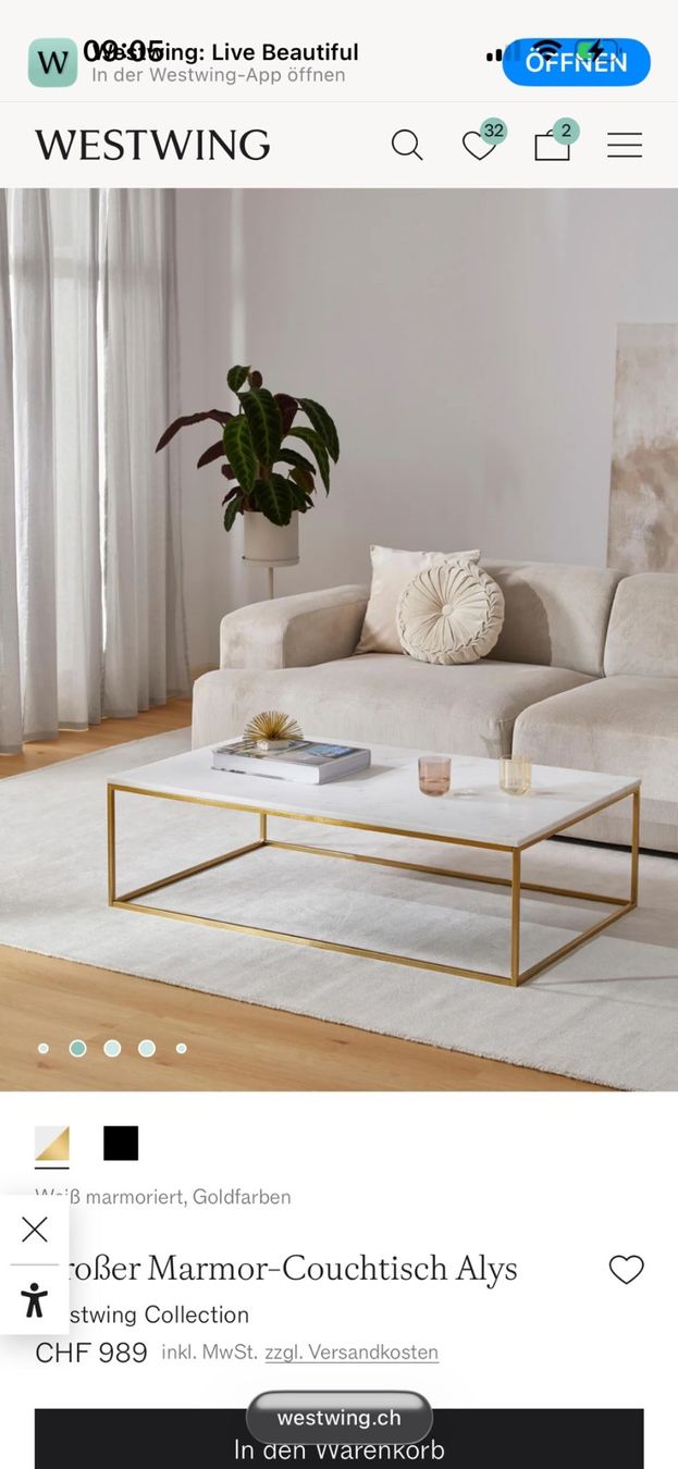Westwing Tavoli: Westwing Alys Marmor-Couchtisch mit schwarzem Gestell – Usato da Dintikon venduto da 1Cypri3