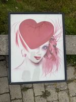 Retro Kunstdruck, Dame mit Herz-Hut, gerahmt, Vintage.