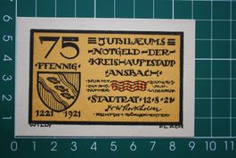 currency emergency money germany ansbach 75 pfennig 1921