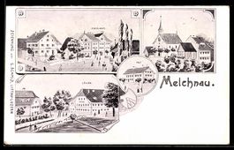 Künstler-AK Melchnau, Schulhaus, Gasthaus Löwen, Post