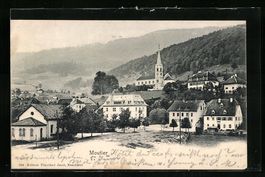 AK Moutier, Ortspartie mit Kirche, 1905