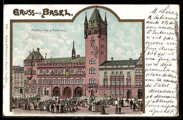 Cartes postales: Lithographie Basel, Marktplatz mit Rathaus – D'occasion à Berlin par bartko-reher