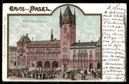 Lithographie Basel, Marktplatz mit Rathaus