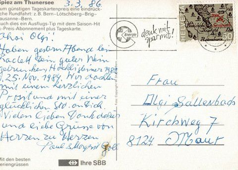 Cartoline postali: Ansichtskarte Spiez am Thunersee 1986 – Usato da Ebmatingen venduto da desalli 1