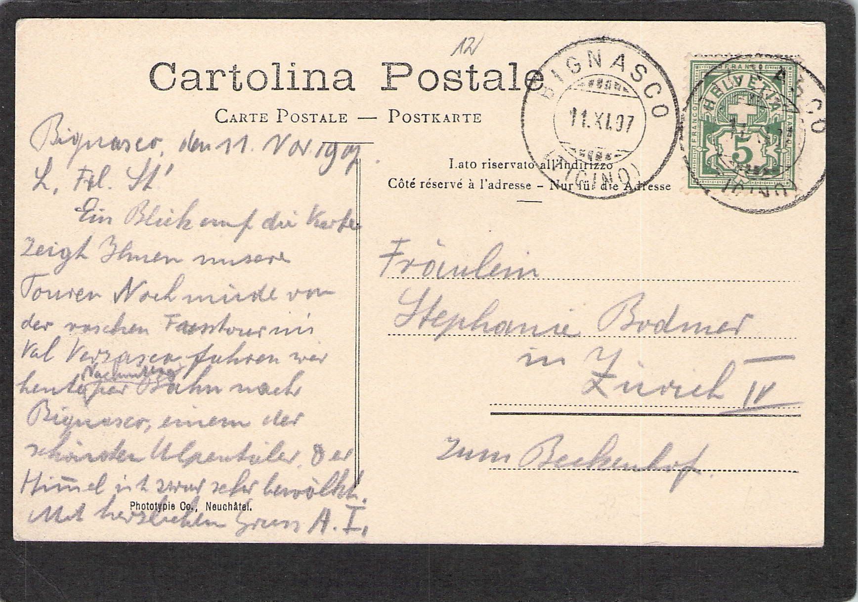 Cartoline postali: ^Bignasco ( Valle Maggia ) 1907 – Usato da Reichenburg venduto da Pipo-67 1