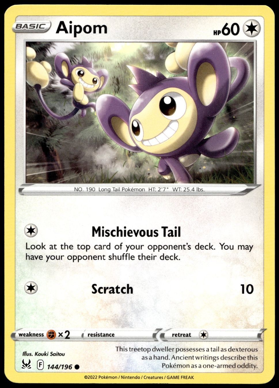 Pokémon Sammelbilder & Trading cards: Pokémon Aipom 144/196   SWSH11 Lost Origin – Gebraucht aus Le Mouret von PokemonCards_CH