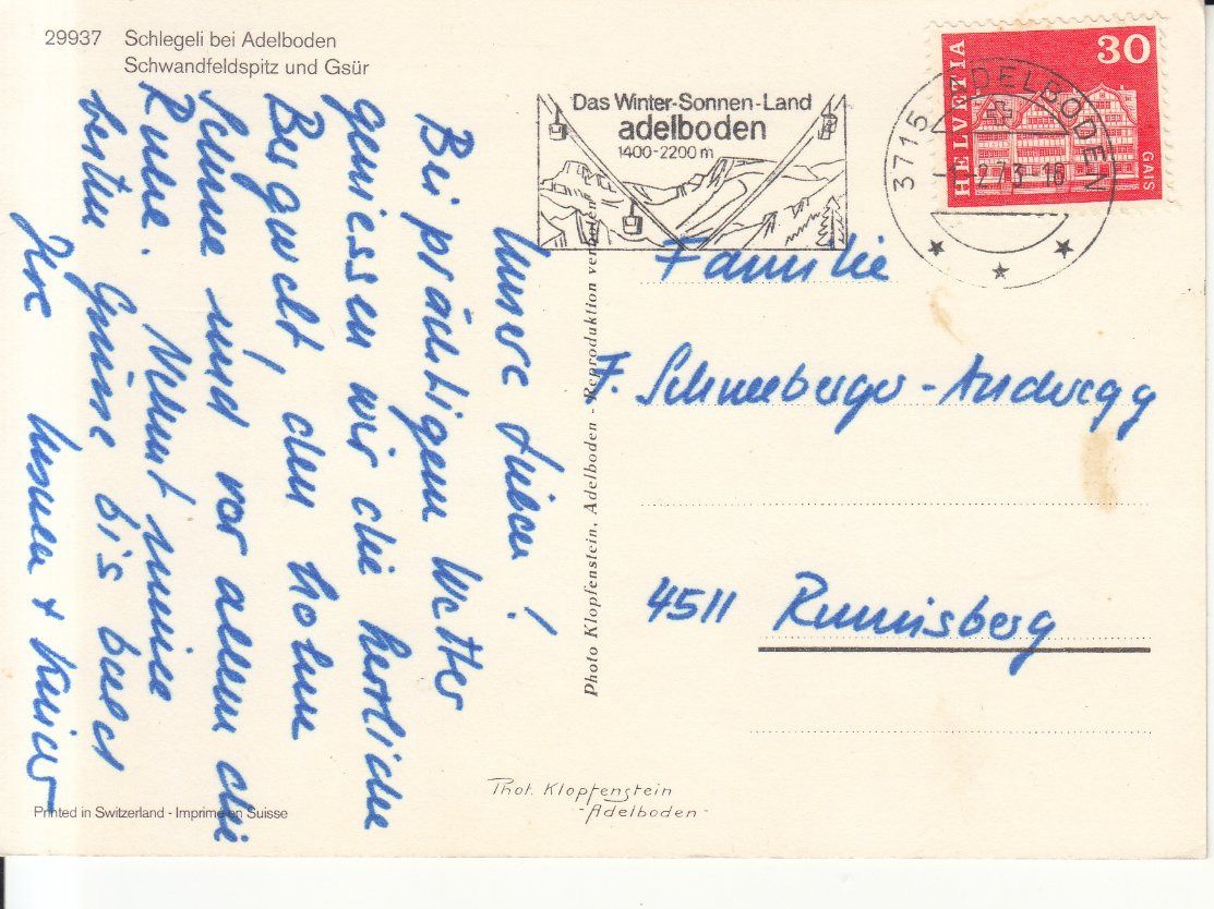 Cartoline postali: Adelboden Schlegeli 1973 – Usato da Bürglen TG venduto da StampGraf 1