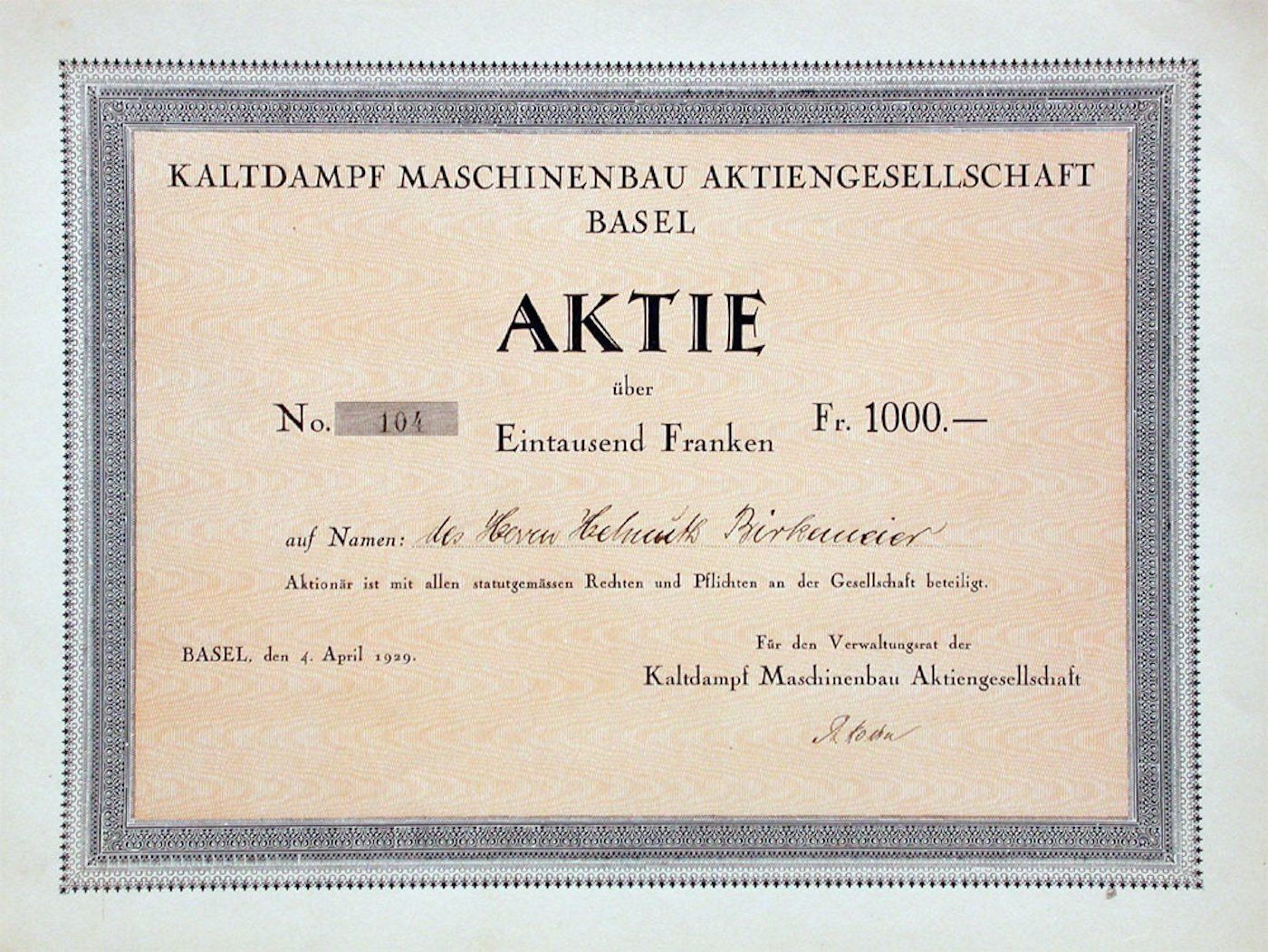Dokumente: Kaltdampf Maschinenbau AG, Basel - 1929 – Gebraucht aus Solothurn von Sgasche