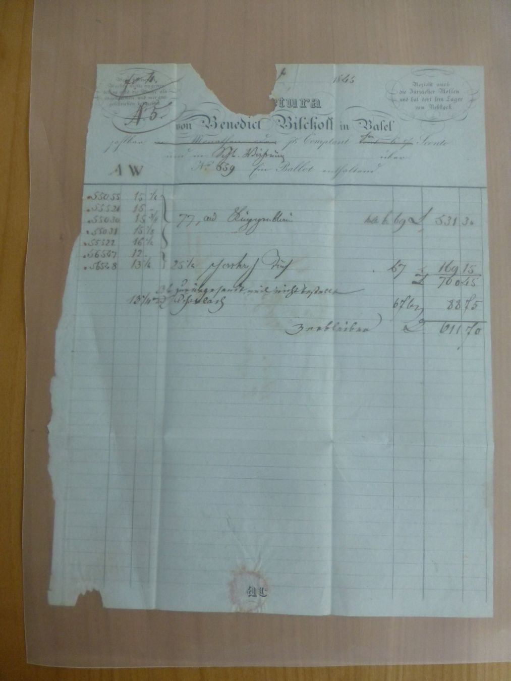 Documenti: Basel, Rechnung der Firma Benedict Bischoff in Basel 1845 – Usato da Bettlach venduto da 1saurer 1