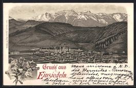 Litho Einsiedeln, Ortsansicht mit Kloste