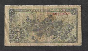 Banconote: Spanien  5  Pesetas  1943  Gebraucht – Usato da Gordola venduto da coinsandnotes 1