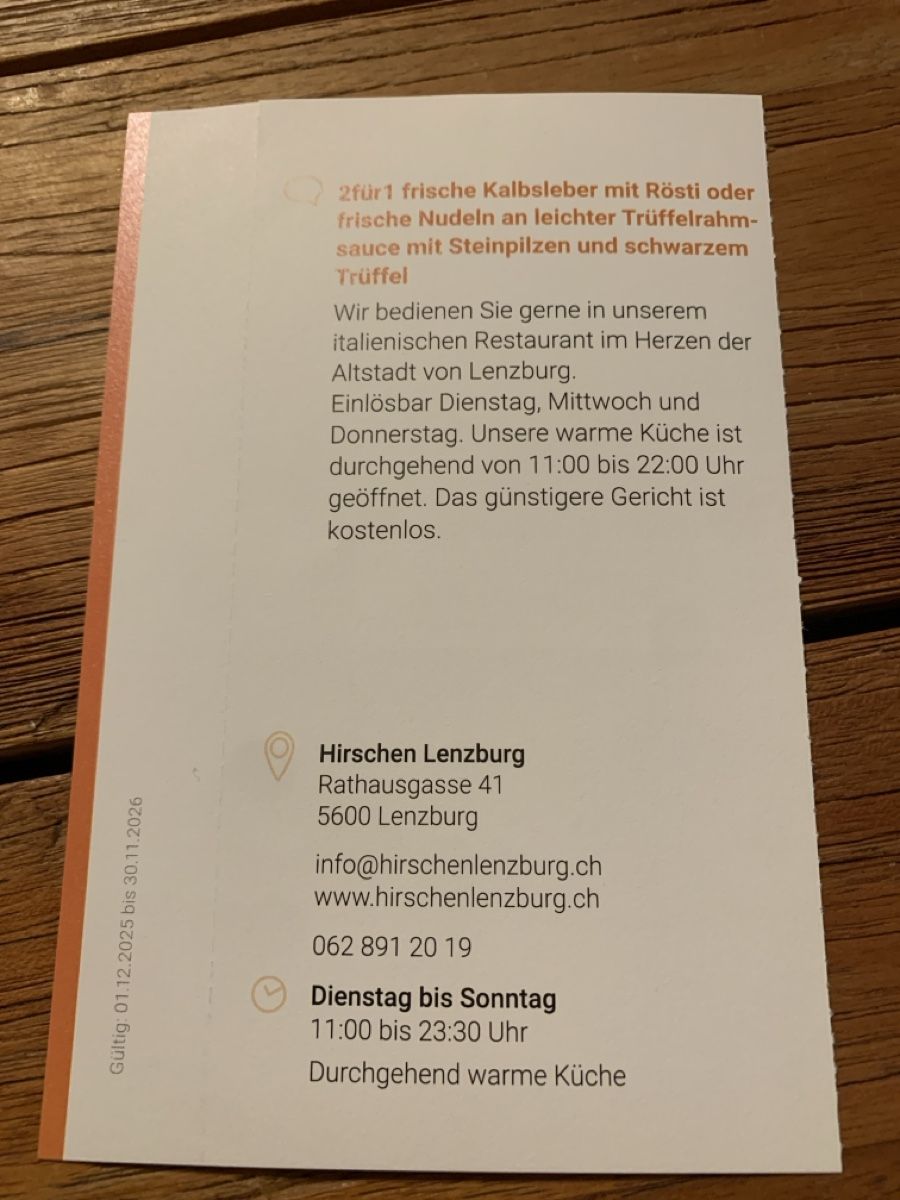 Gutscheine: 2:1 Rest. Hirschen, Lenzburg – Neu und originalverpackt aus Attelwil von TaraLee 1