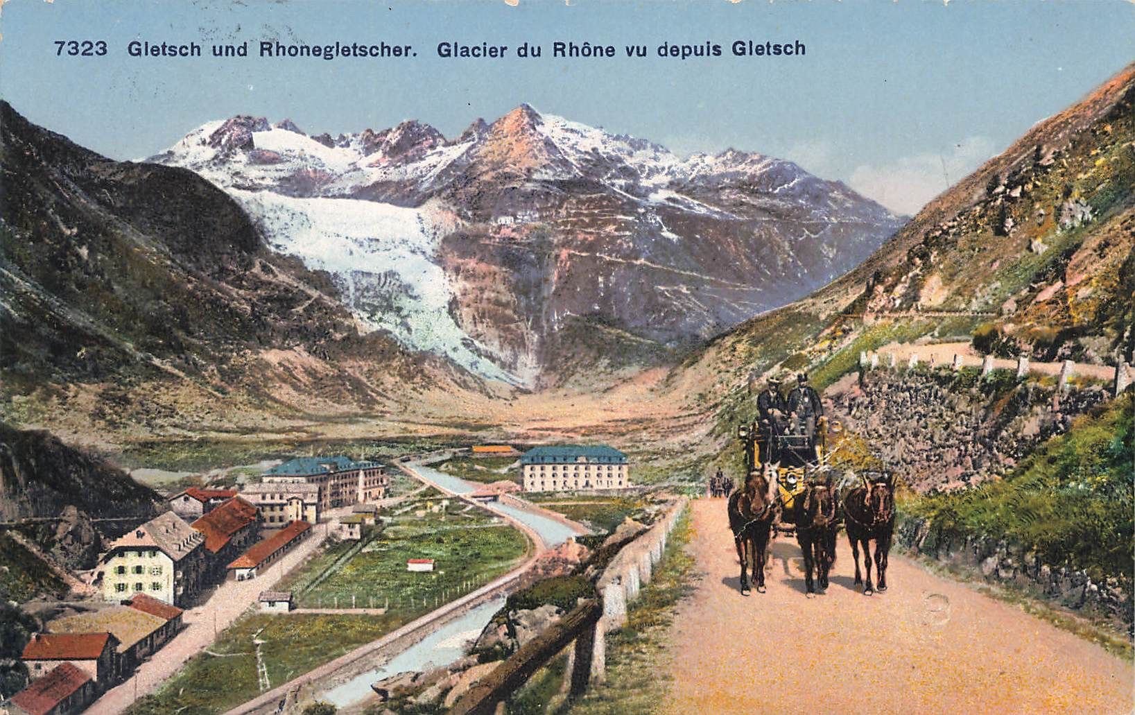Cartoline postali: Gletsch VS Rhonegletscher mit Postkutsche – Usato da Biasca venduto da Blenio71