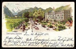 Lithographie Interlaken, Grand Hotel Victoria, Promenade, An