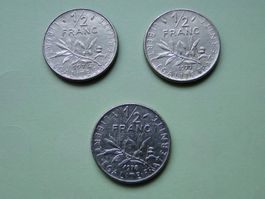 3x 1/2 Franc (50 centimes) France 1976, 1977, 1978