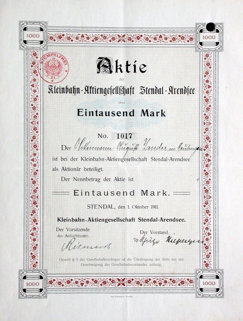 Documenti: Kleinbahn-AG Stendal-Arendsee, Stendal - 1911 – Usato da Solothurn venduto da Sgasche