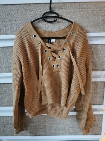 H&M Schnürpulli Grobstrick Senfgelb Herbst