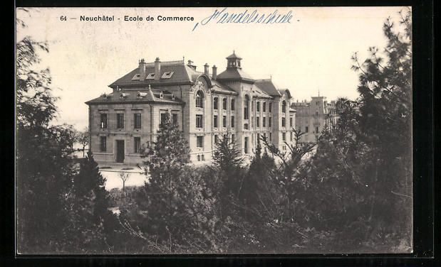 Cartoline postali: AK Neuchâtel, École de Commerce, 1916 – Usato da Berlin venduto da bartko-reher