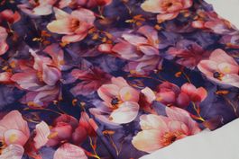 Stoff Viscosejersey Digitaldruck blaulila/Blumen