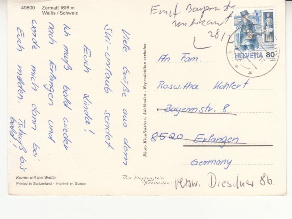 Cartoline postali: Zermatt 1987 – Usato da Bürglen TG venduto da StampGraf 1