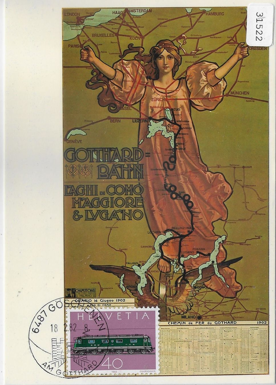 Ansichtskarten: Gotthard-Bahn nach einem Plakat von 1902 – Gebraucht aus Ettingen von Kartenplanet
