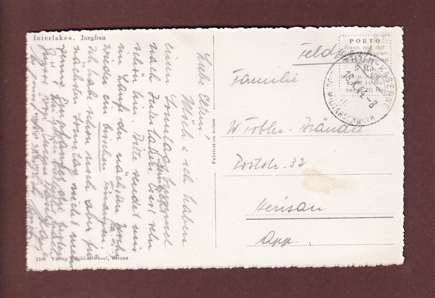 Cartoline postali: INTERLAKEN - Jungfrau - 1944 Feldpost – Usato da Pully venduto da nicecards 1