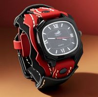 Quarzuhr mit trendigem rot/schwarzem Lederarmband