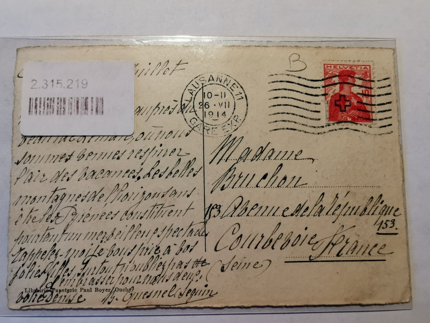 Cartoline postali: CP Lausanne - Ouchy 1914 – Usato da Pailly venduto da jme99 1
