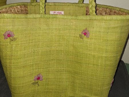 Bast Einkaufstasche 🛍geflochten grün bestickt Blumen