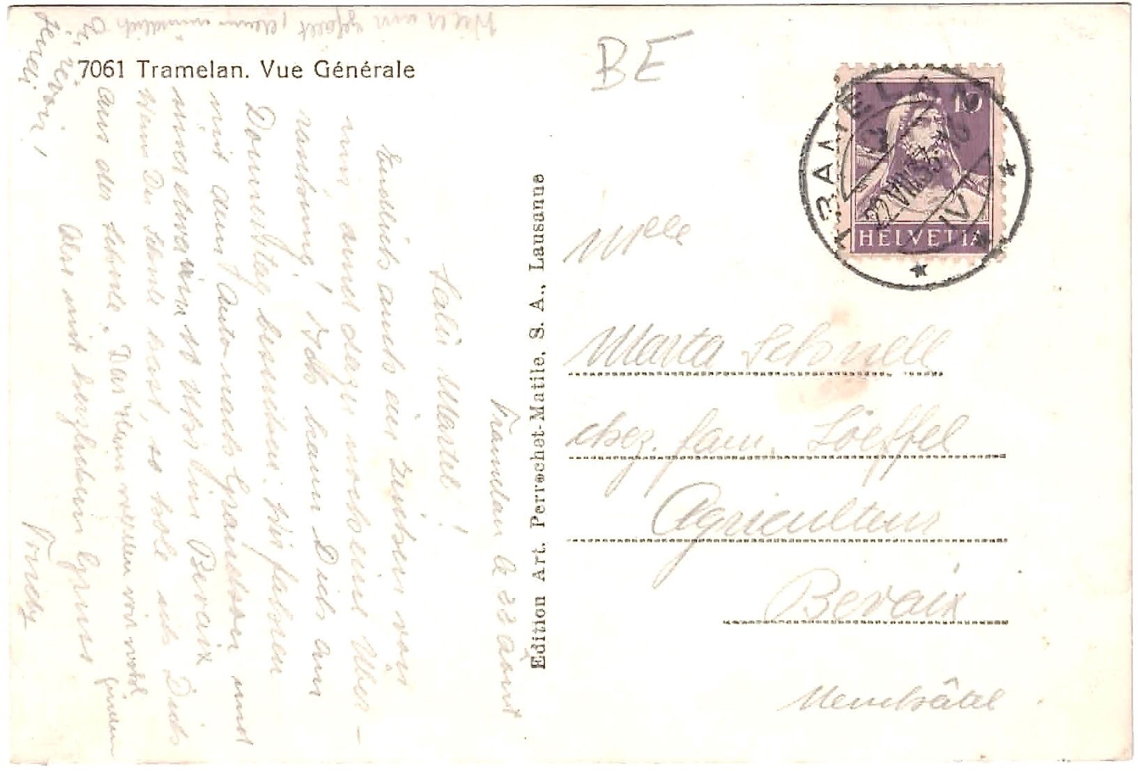 Cartoline postali: TRAMELAN - Vue Générale ca. 1920 (BE) – Usato da Oberdorf BL venduto da Hopfehuepfer 2