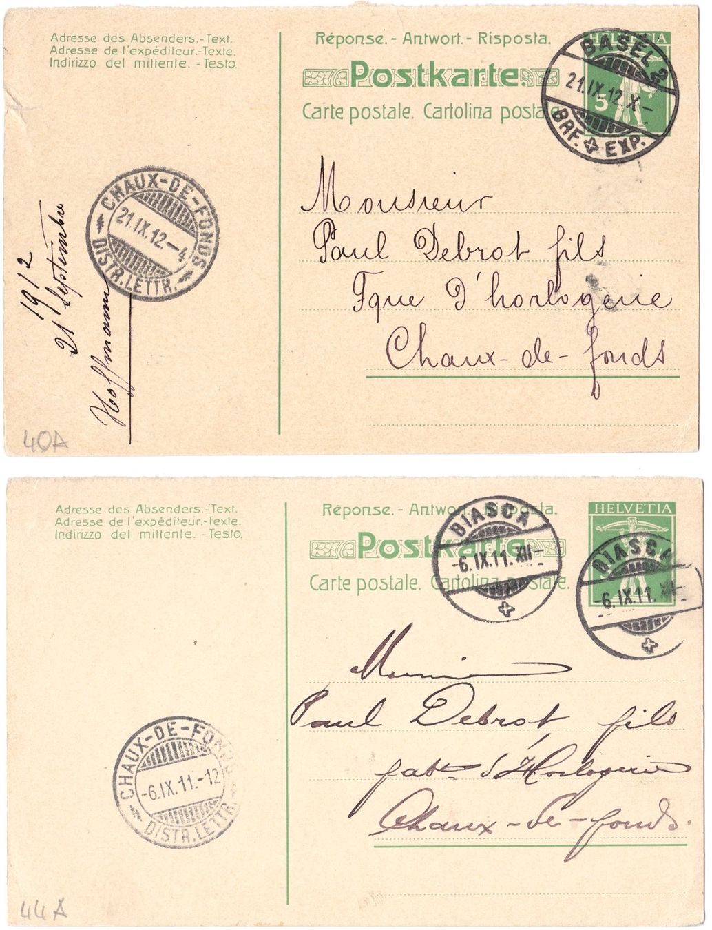 Tutti i francobolli: 4 PK mit bezahlter Antwort - Réponse - Risposta, 1909-14 – Usato da Basel venduto da riobar 1