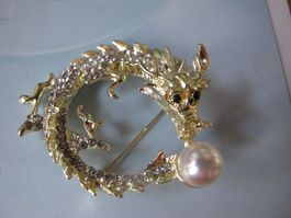 Drache Brosche mit Perle, goldfarben, neu