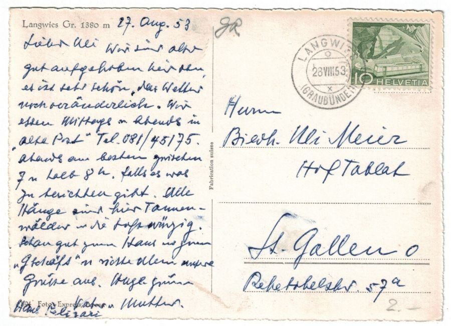 Ansichtskarten: Langwies, gelaufen 1953 – Gebraucht aus Frauenfeld von POML 1