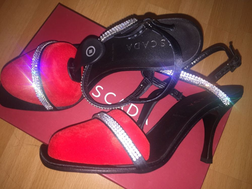 ESCADA Sandalen High Heels Seide Leder schwarz Glitzer (Neu